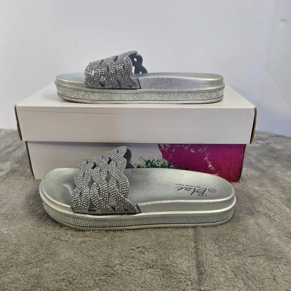 Blue Suede Shoes Womens Silver Rhinestone Platform Slide Sandals Size 6 - Picture 3 of 9